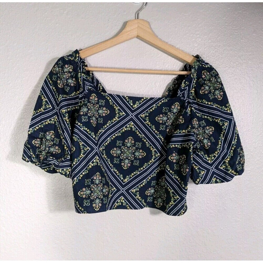 Loft Puff Sleeve Smocked Back Off The Shoulder Crop Blouse Size Large Floral N85